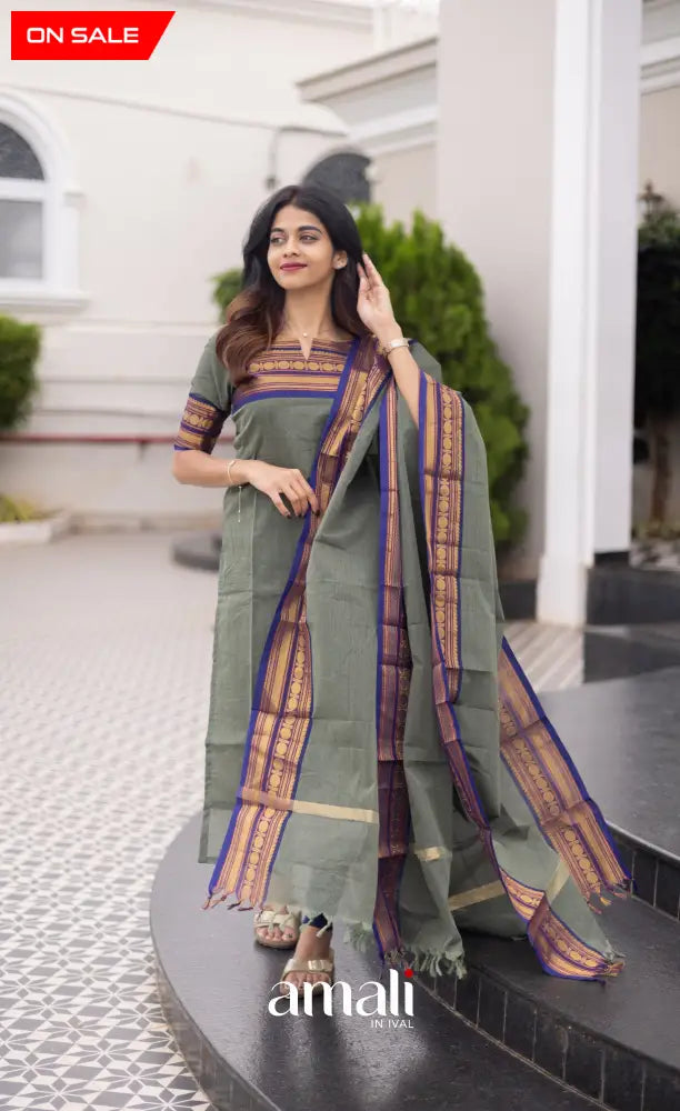 Meera Cotton Salwar Dull Blueish Green and Royal Blue Tone Plus Size salwar